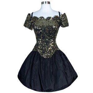 Vintage 80s Gold Sequin Black Taffeta Full Skirt Prom Cocktail Party Dress M Med